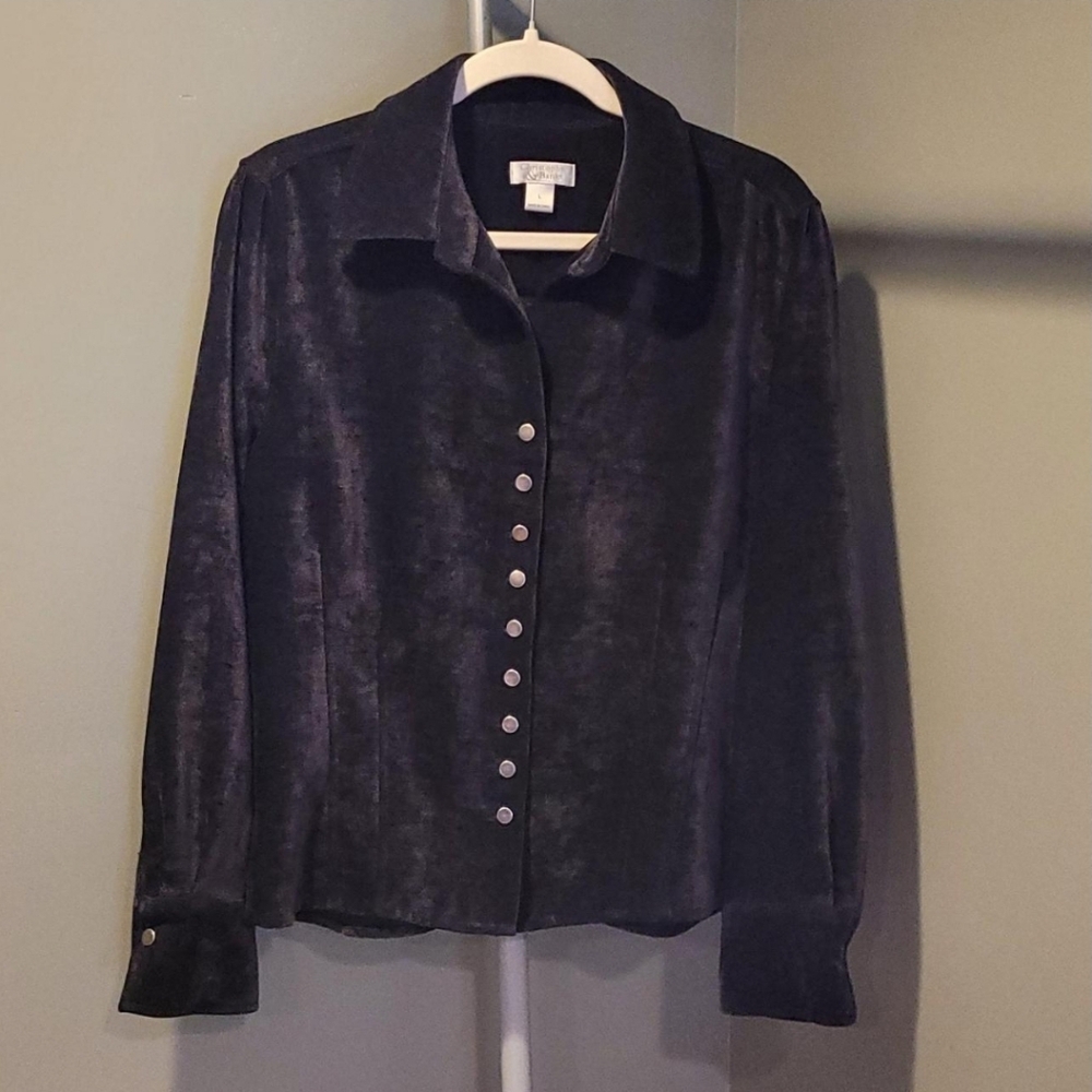 Christopher & Banks Women's Velvet Button-up Shirt Jacket, Size L, Black‎